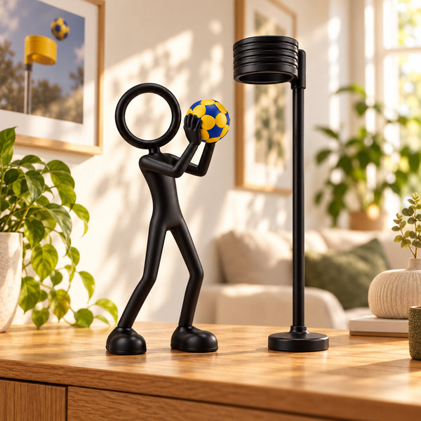 Stickyman korfballer met geel-blauwe bal in warm interieur; korfpaal als sfeerattribuut