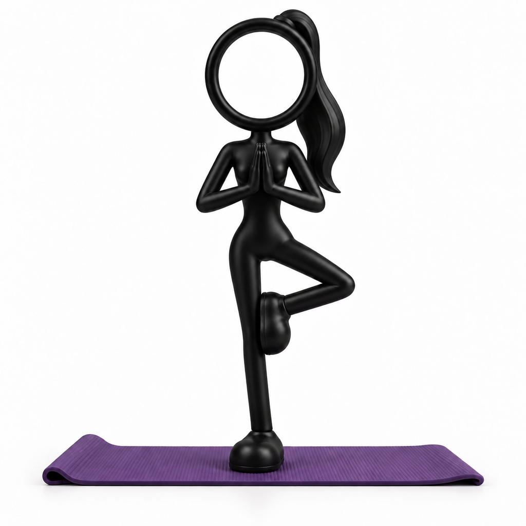 Concept van zwarte vrouwelijke Stickyman in yoga boomhouding tegen witte achtergrond