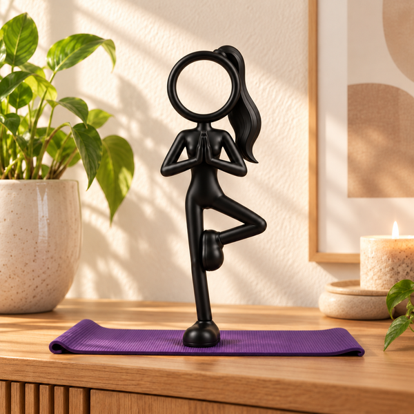 Stickyman Yoga Boomhouding vrouw als zwarte decoratie in warm interieur; mat als sfeerattribuut