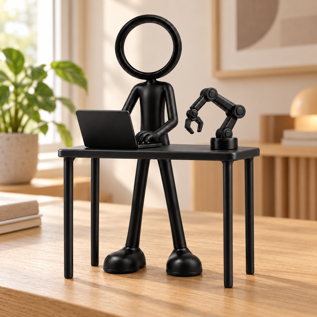 Stickyman AI engineer met laptop en robotarm in modern kantoor