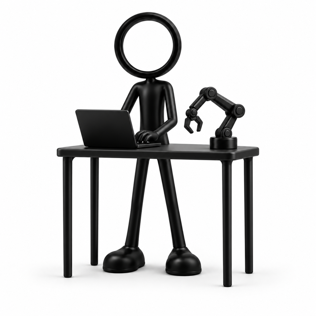 Zwarte Stickyman AI engineer met laptop en robotarm