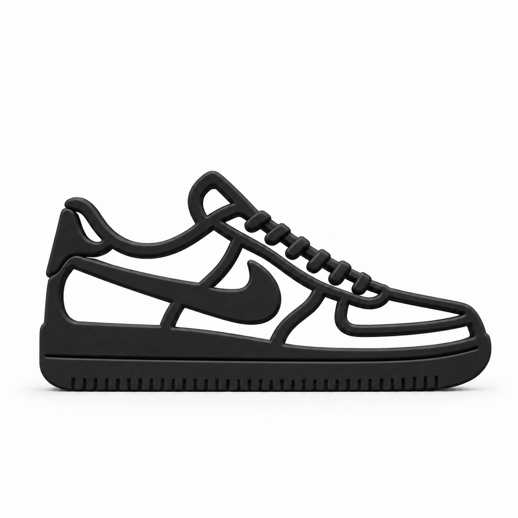 Zwarte 3D-geprinte Air Force 1 sneakerdecoratie op witte achtergrond