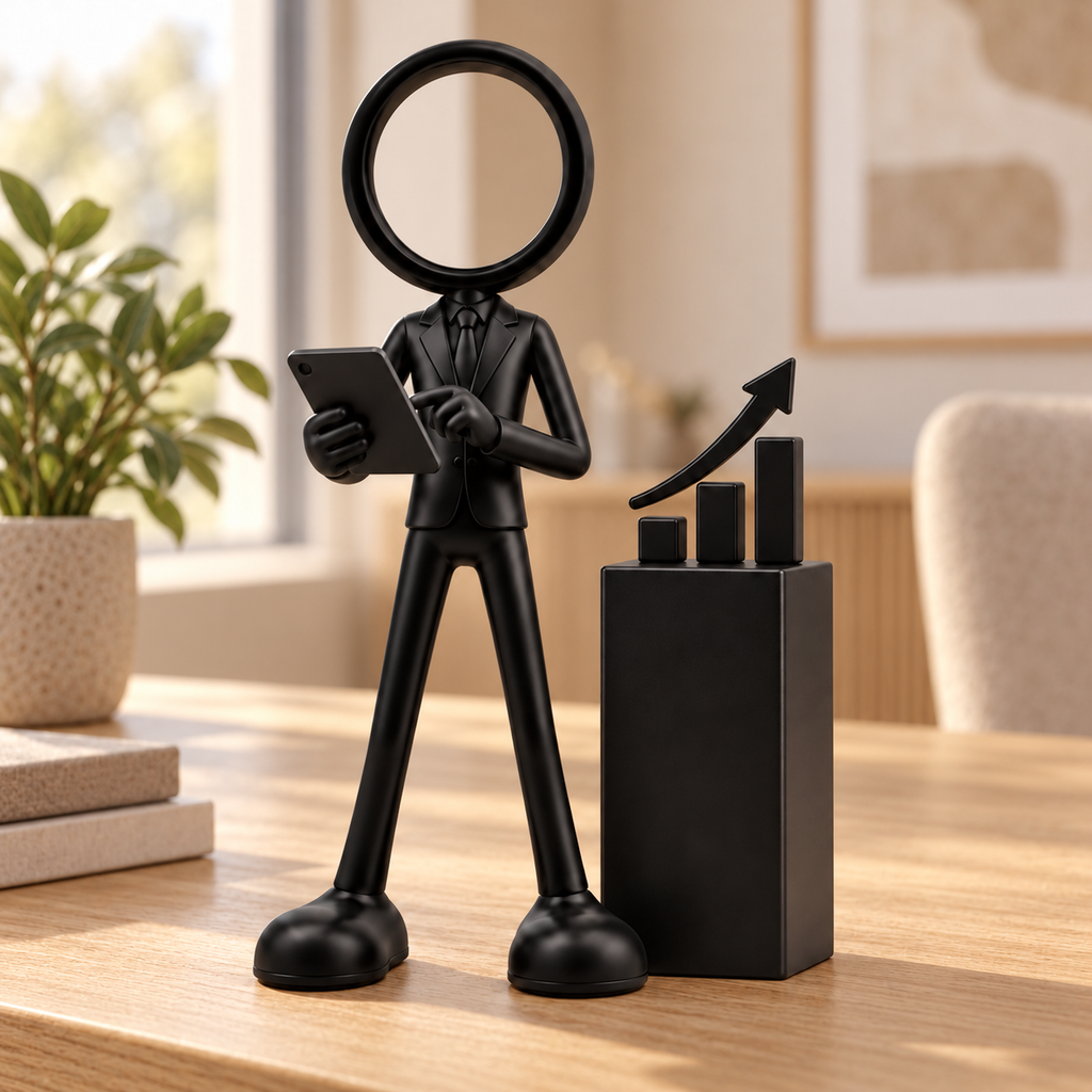 Stickyman directeur met tablet en groeigrafiek in warm kantoor