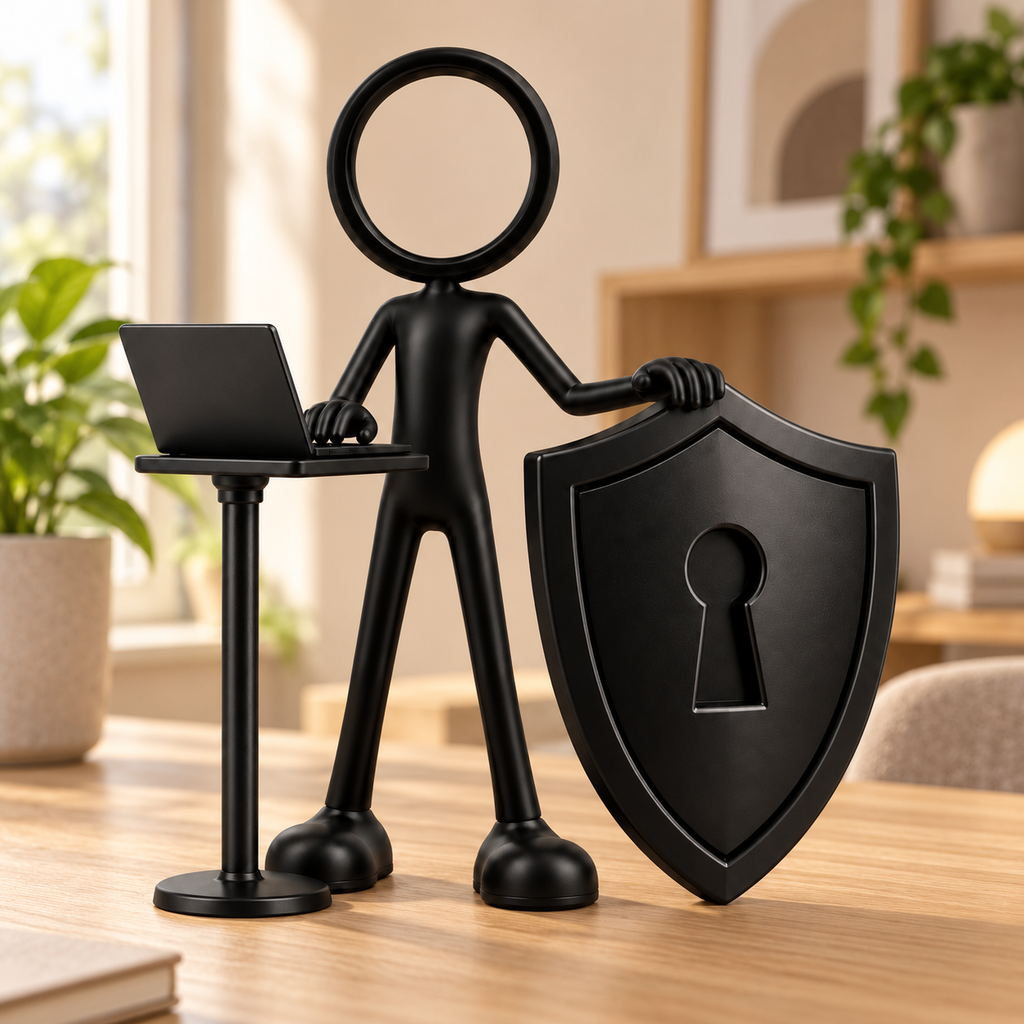 Stickyman cybersecurity specialist met laptop en schild in warm kantoor