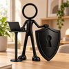 Stickyman cybersecurity specialist met laptop en schild in warm kantoor