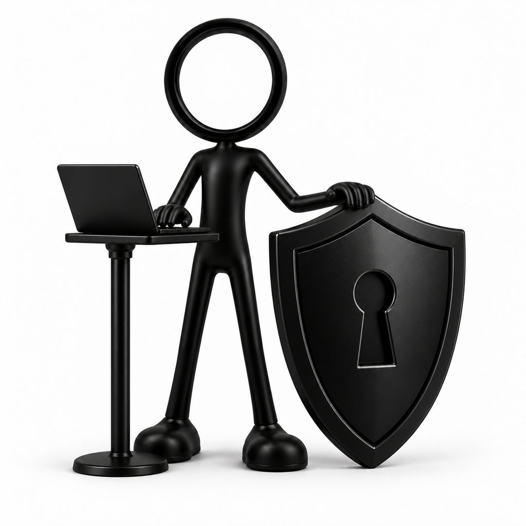 Zwarte Stickyman cybersecurity specialist met laptop en beveiligingsschild