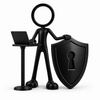 Zwarte Stickyman cybersecurity specialist met laptop en beveiligingsschild