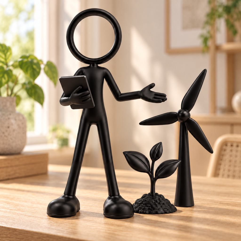 Stickyman duurzaamheidsmanager met windmolen en plant in duurzaam interieur