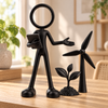 Stickyman duurzaamheidsmanager met windmolen en plant in duurzaam interieur