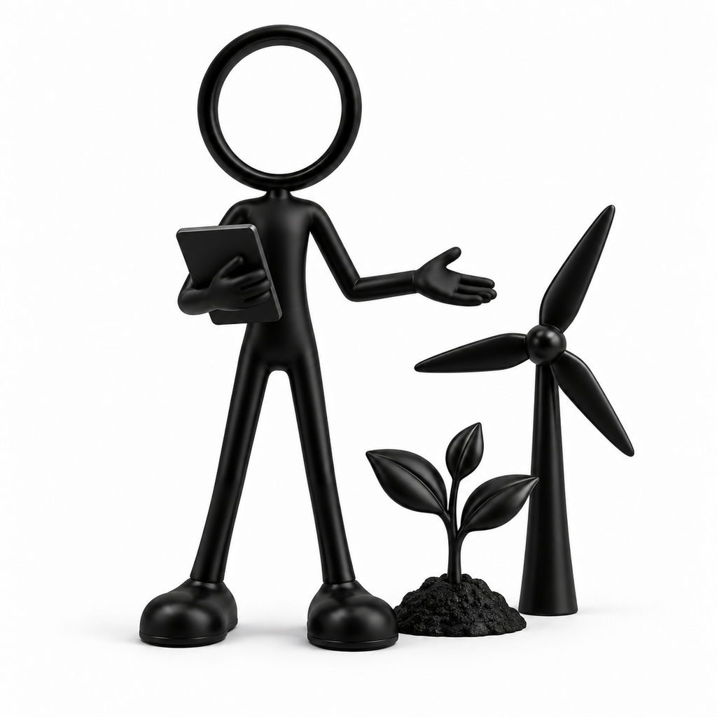 Zwarte Stickyman duurzaamheidsmanager met tablet windmolen en plant
