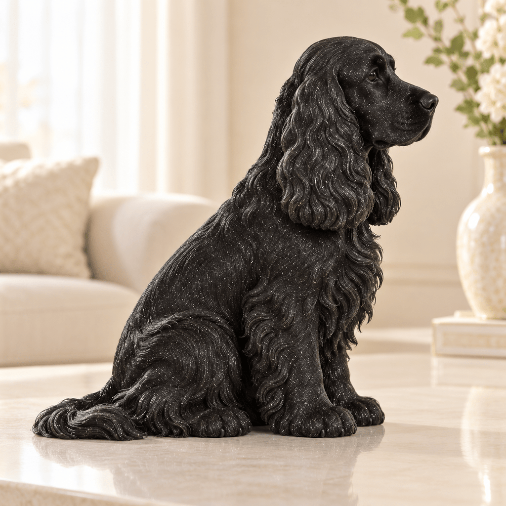 Engelse Cocker Spaniel Galaxy Black – zittend hondenbeeld zonder voetstuk – zijaanzicht