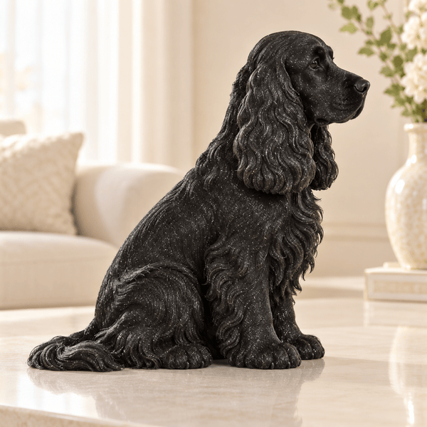 Engelse Cocker Spaniel Galaxy Black – zittend hondenbeeld zonder voetstuk – zijaanzicht