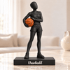 Flowman Basketbalster – beeldje met persoonlijke tekst – Galaxy Black met oranje basketbal – conceptafbeelding