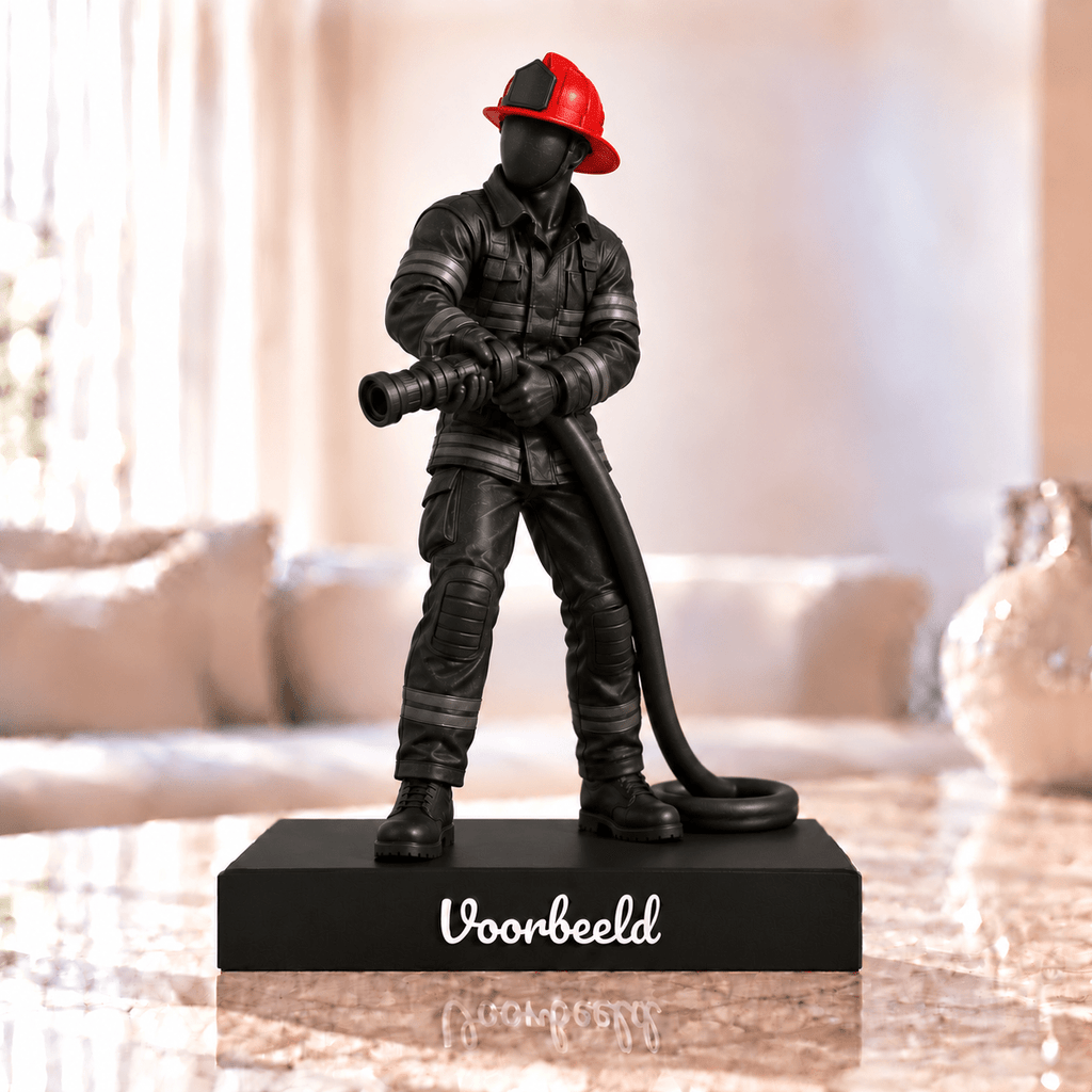 Flowman Brandweerman – beeldje met persoonlijke tekst – Galaxy Black met rode helm – conceptafbeelding