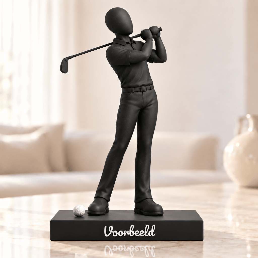Flowman Golfer – beeldje met persoonlijke tekst – Galaxy Black met witte golfbal – conceptafbeelding
