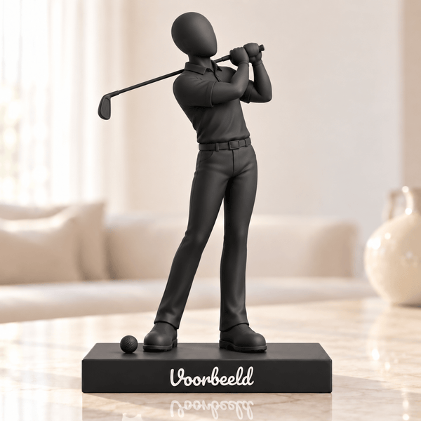 Flowman golfer – matzwarte decoratie op rechthoekig voetstuk met tekst; conceptafbeelding