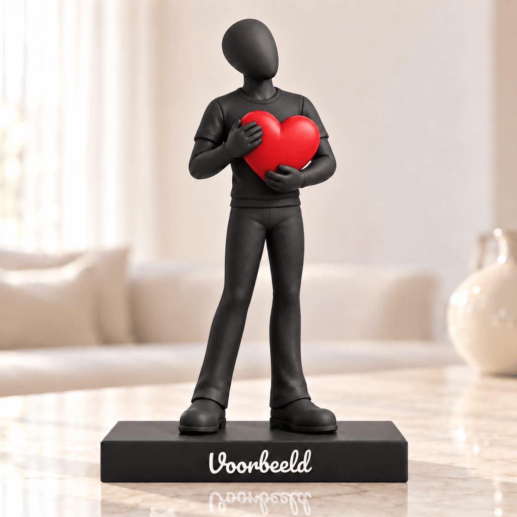 Flowman Man met hart – beeldje met persoonlijke tekst – Galaxy Black met rood hart – conceptafbeelding