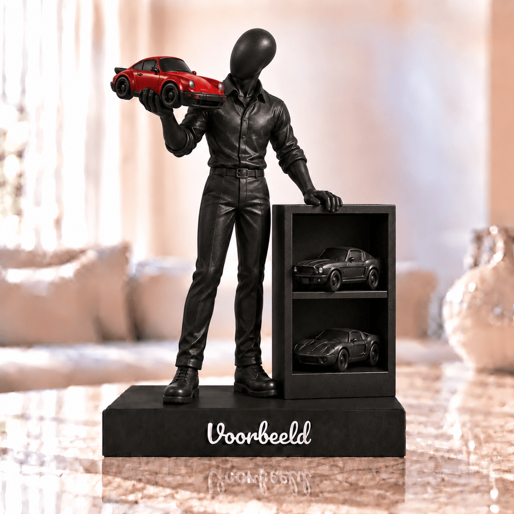Flowman Modelautoverzamelaar – beeldje met persoonlijke tekst – Galaxy Black met rode modelauto – conceptafbeelding