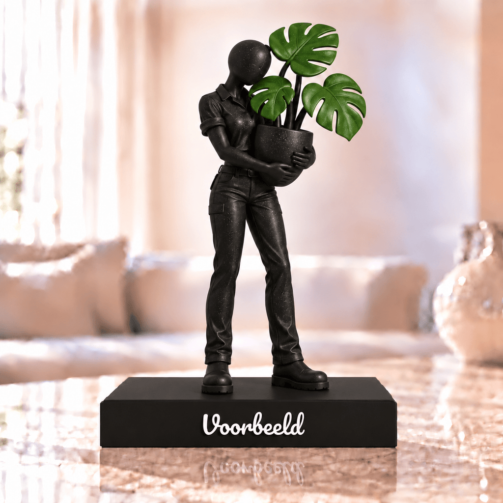 Flowman Plantenliefhebber – beeldje met persoonlijke tekst – Galaxy Black met groene bladeren – conceptafbeelding