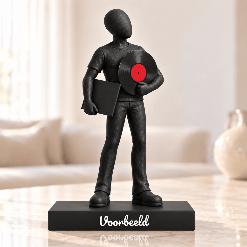 Flowman Platenverzamelaar – beeldje met persoonlijke tekst – Galaxy Black met rood platenlabel – conceptafbeelding