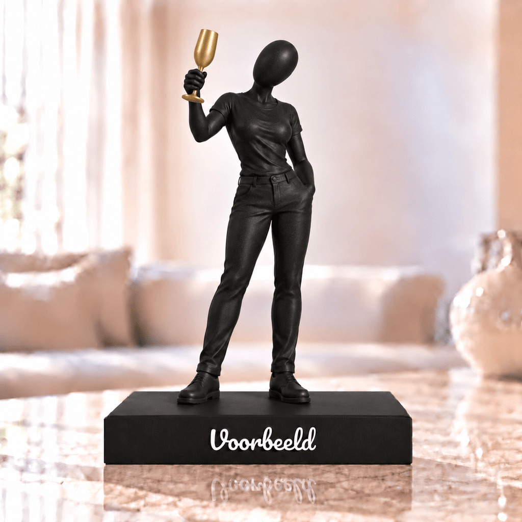 Flowman Proostende vrouw – beeldje met persoonlijke tekst – Galaxy Black met goudkleurig champagneglas – conceptafbeelding