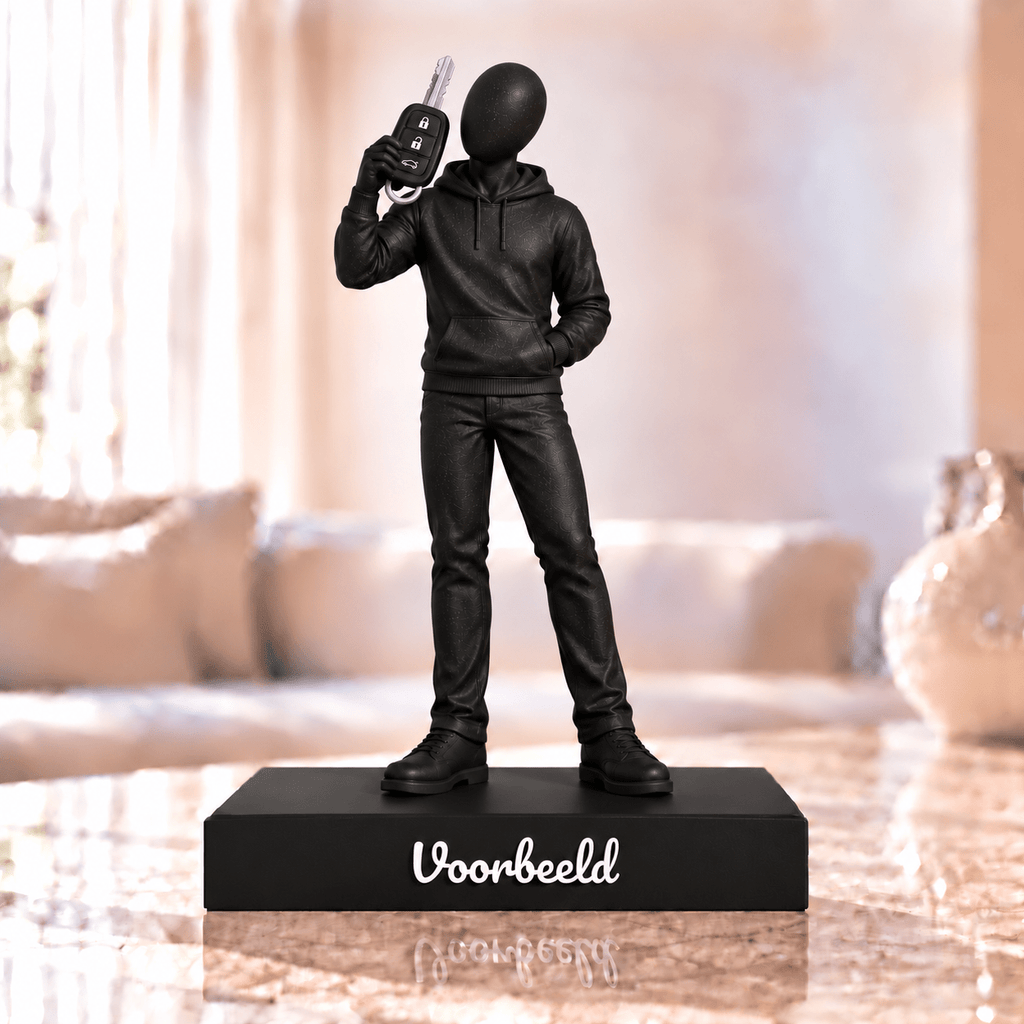Flowman Rijbewijs gehaald man met hoodie – beeldje met persoonlijke tekst – Galaxy Black met zilveren autosleutel – conceptafbeelding