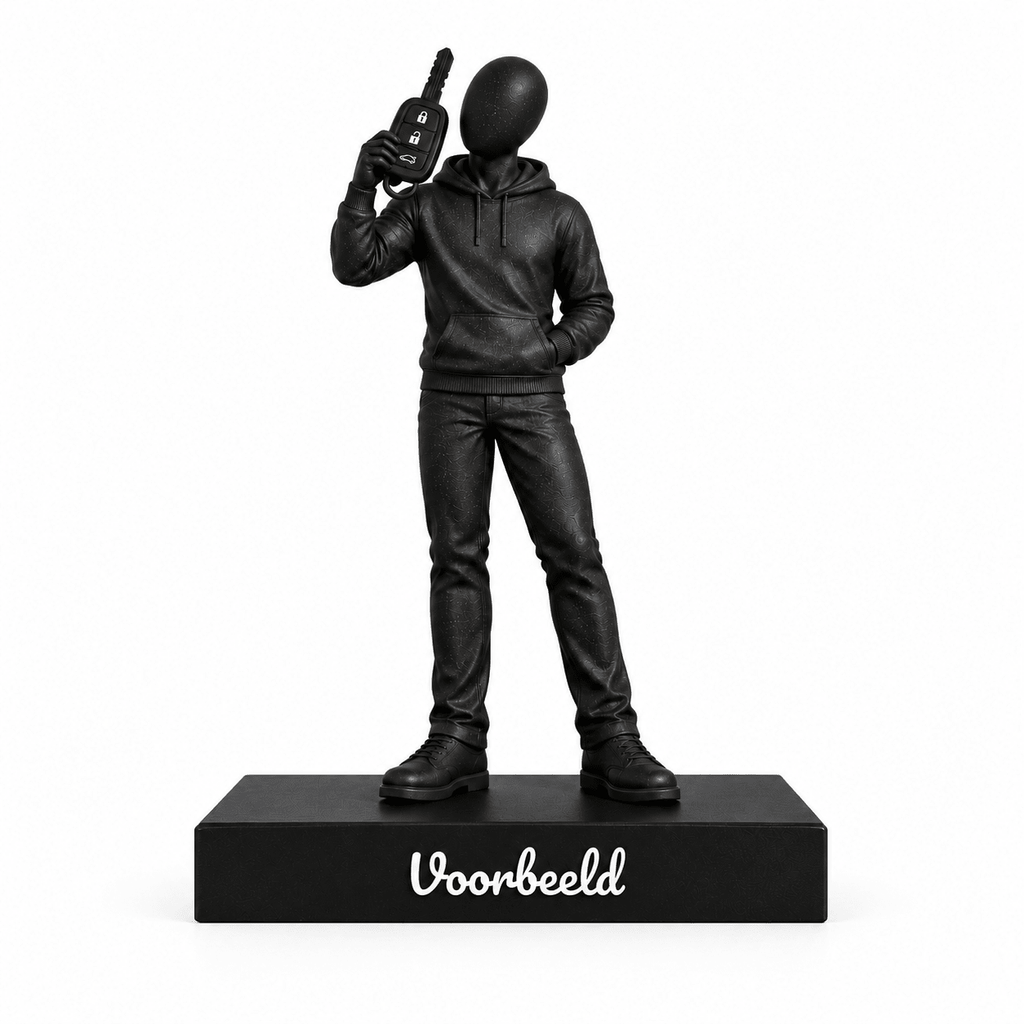 Flowman Rijbewijs gehaald man met hoodie op rechthoekig voetstuk met persoonlijke tekst op witte achtergrond – conceptafbeelding