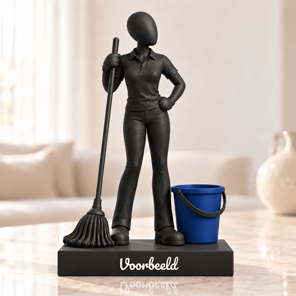 Flowman Schoonmaker – beeldje met persoonlijke tekst – Galaxy Black met blauwe emmer – conceptafbeelding