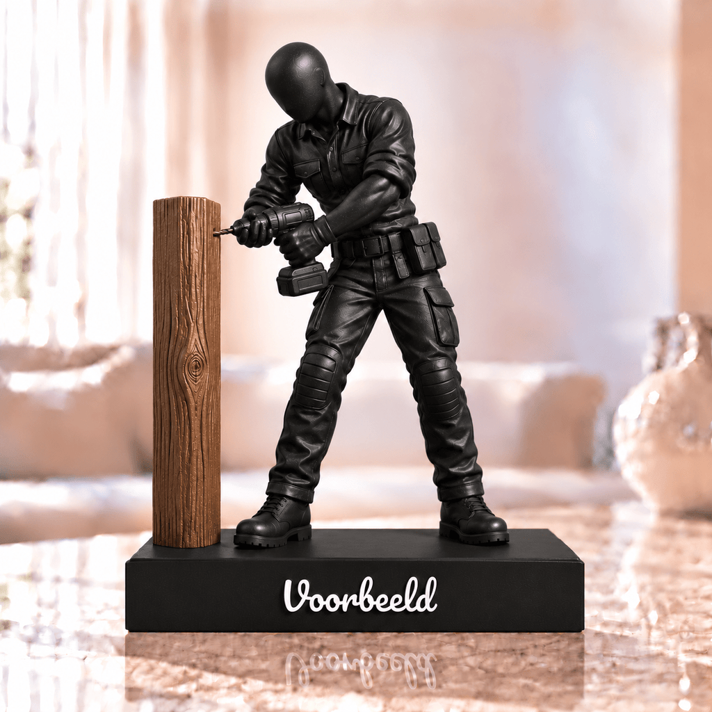 Flowman Timmerman in actie – beeldje met persoonlijke tekst – Galaxy Black met bruine plank – conceptafbeelding