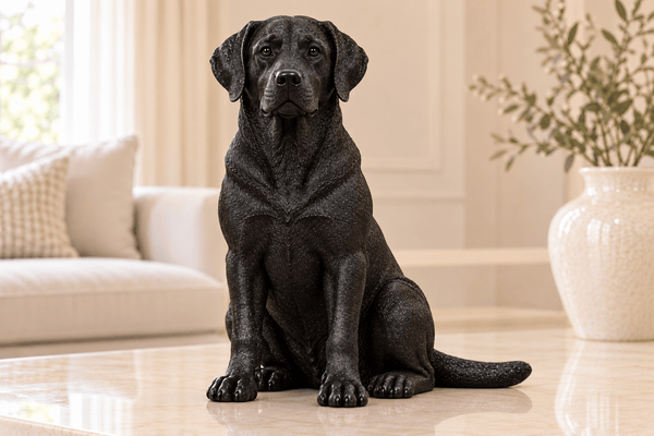labrador hondenbeeldje in PLA Galaxy Black zonder voetstuk – vooraanzicht in interieur