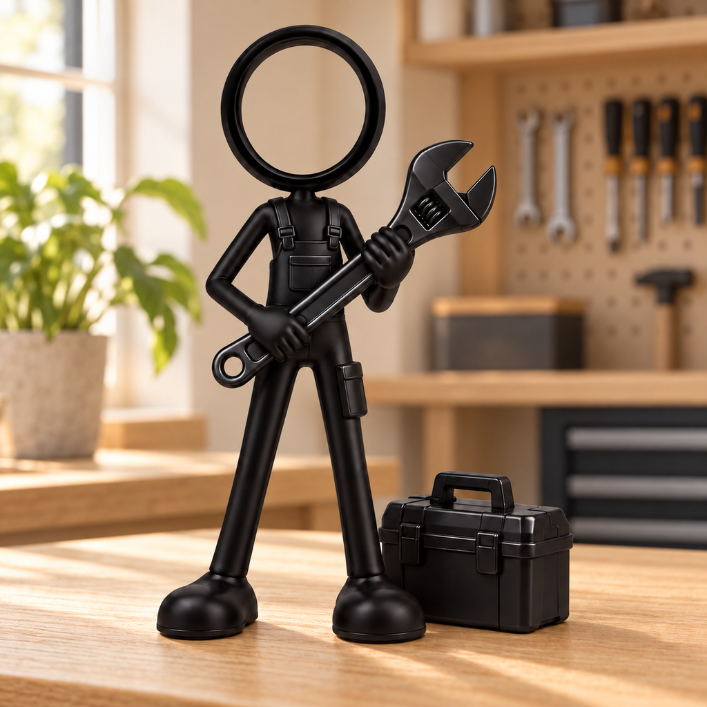 Stickyman monteur met grote steeksleutel in werkplaats