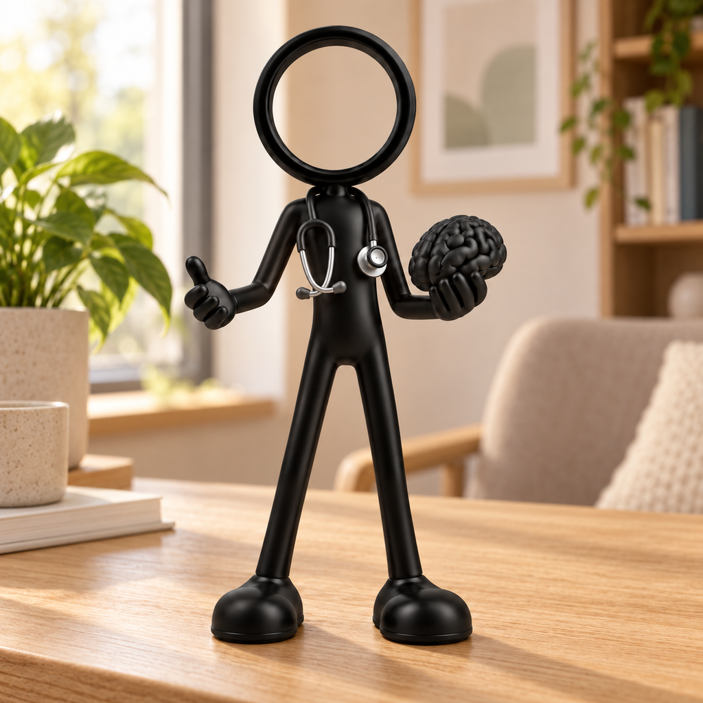 Stickyman psychiater met brein in warme praktijkruimte