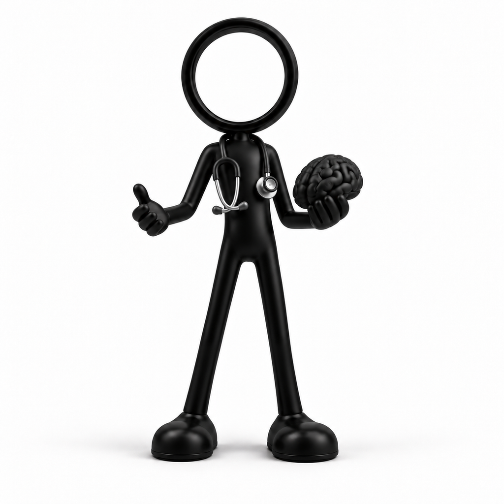 Zwarte Stickyman psychiater met stethoscoop en brein