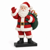 3D-geprinte Santa met cadeautjes op een zwart voetstuk tegen een witte achtergrond