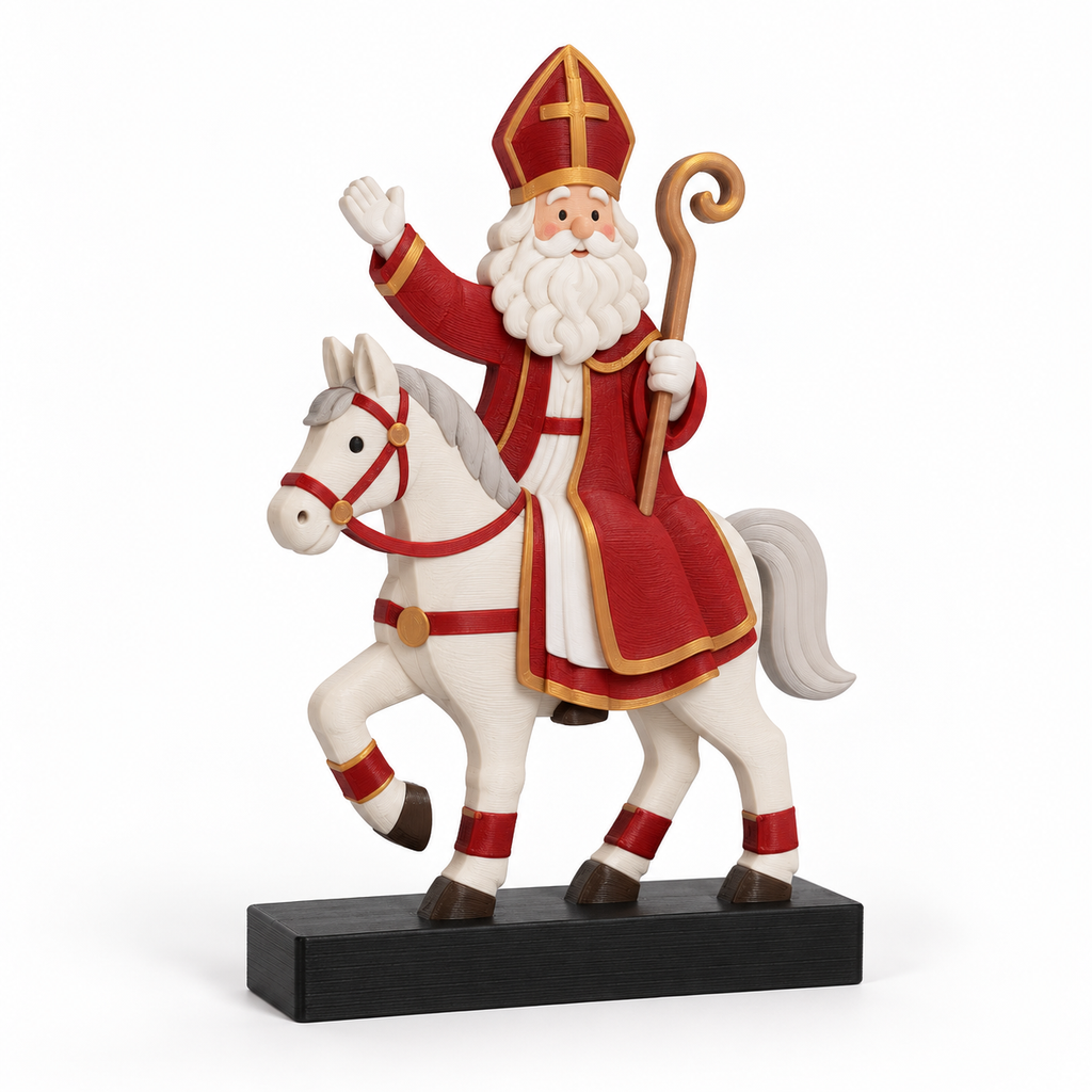 3D-geprinte Sinterklaas op paard met zwart voetstuk op witte achtergrond