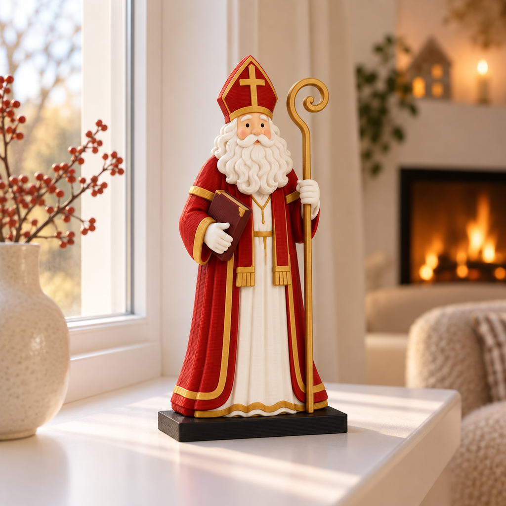 Staande Sinterklaas als 3D-geprinte decoratie in een warm interieur