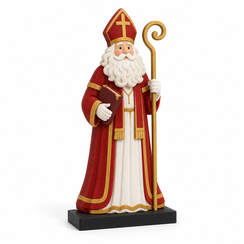 Staande 3D-geprinte Sinterklaas met boek en staf op witte achtergrond