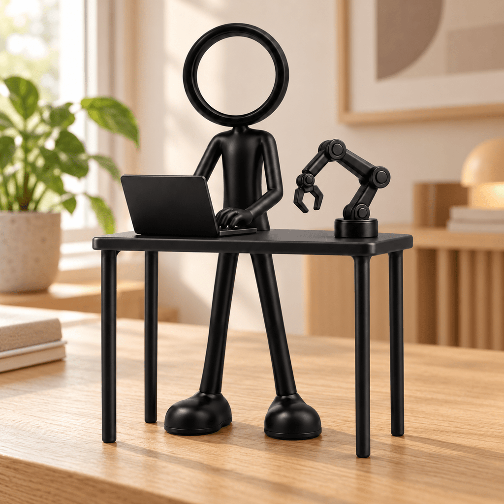 Stickyman AI engineer met laptop en robotarm in modern kantoor