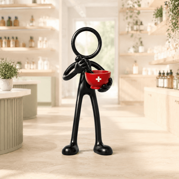 Stickyman apotheker in een lichte moderne apotheek