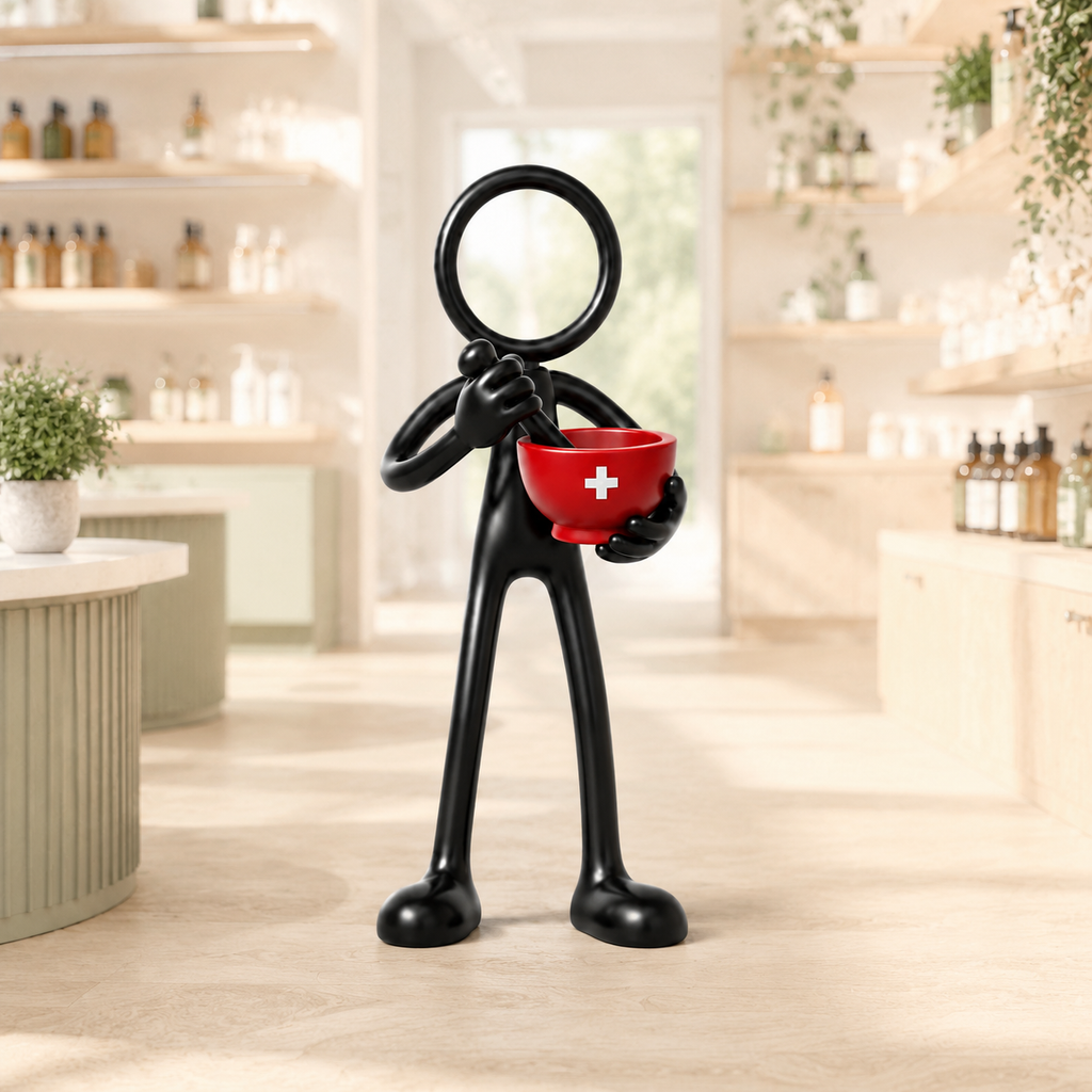 Stickyman apotheker in een lichte moderne apotheek