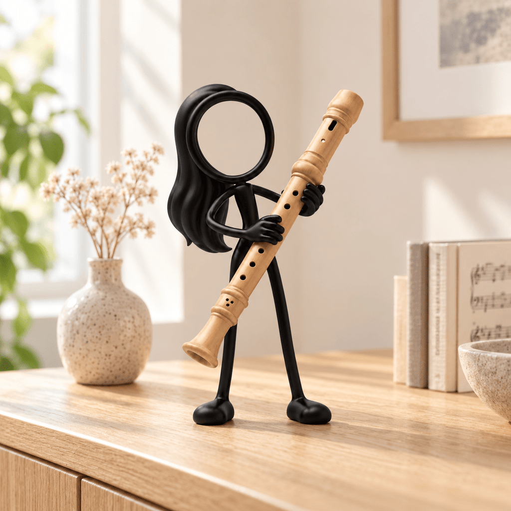 Stickyman blokfluitspeelster als muziekdecoratie in een warm interieur