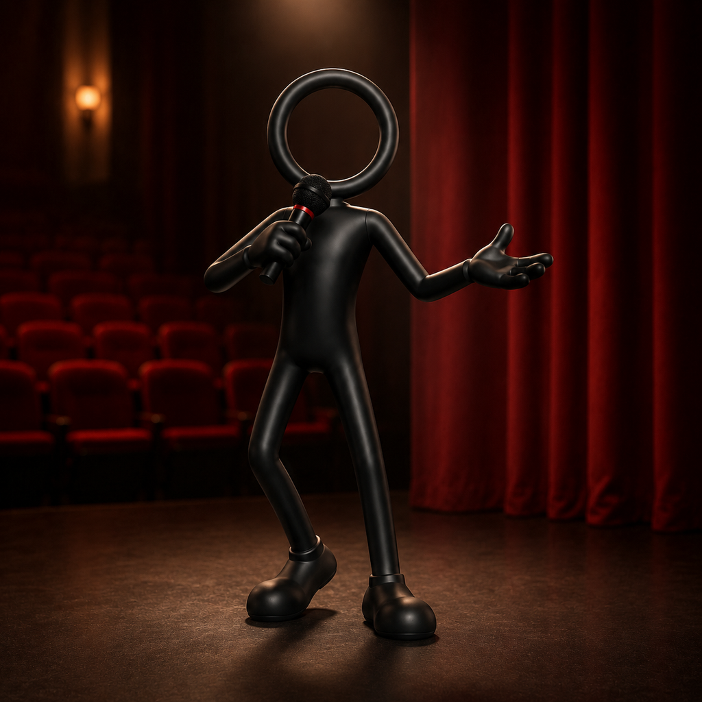 Stickyman cabaretier met microfoon op een warm verlicht theaterpodium