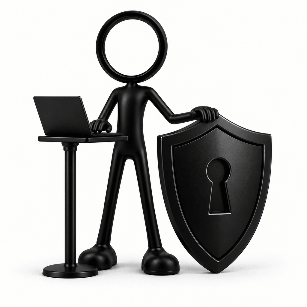 Zwarte Stickyman cybersecurity specialist met laptop en beveiligingsschild