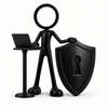 Zwarte Stickyman cybersecurity specialist met laptop en beveiligingsschild