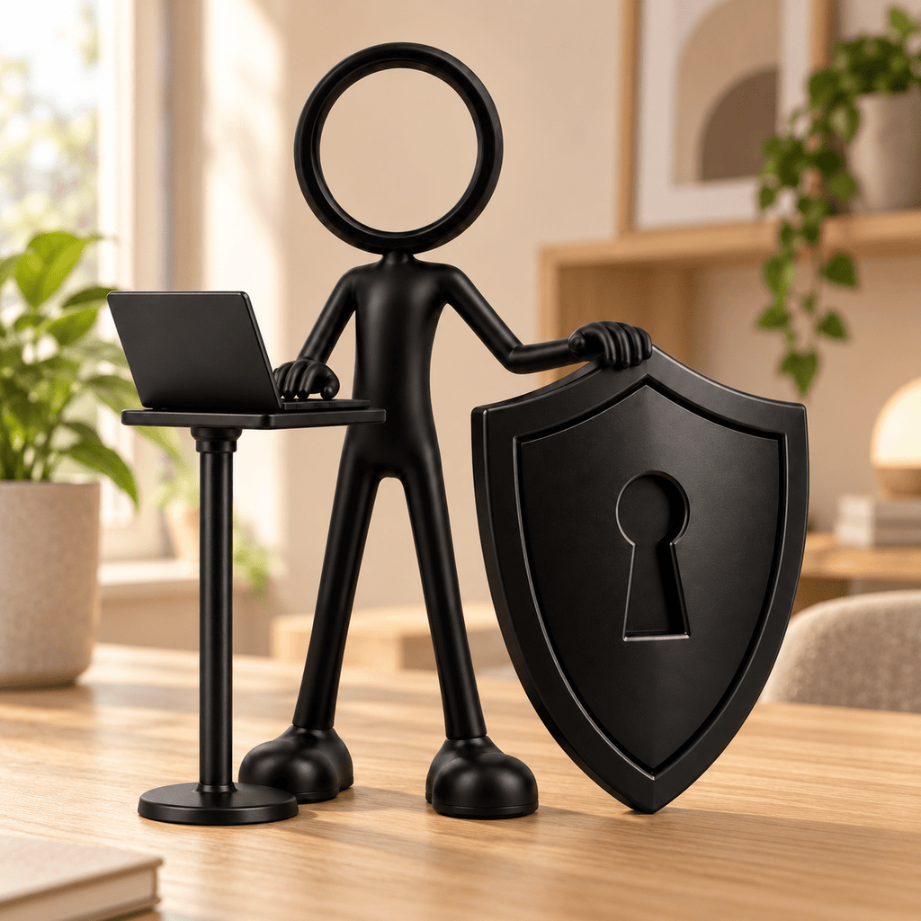 Stickyman cybersecurity specialist met laptop en schild in warm kantoor