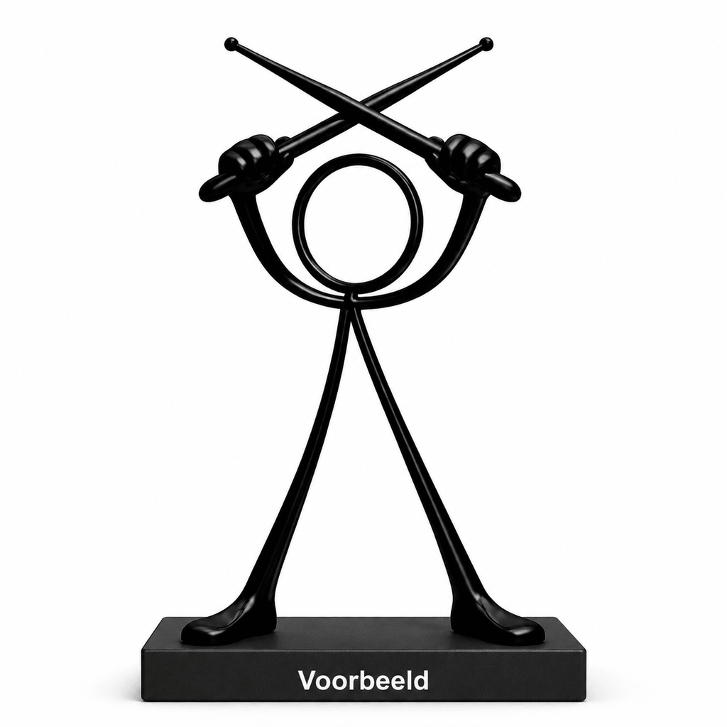 Stickyman drummer zwart van 20 cm met voetstuk van 2 cm en voorbeeldtekst