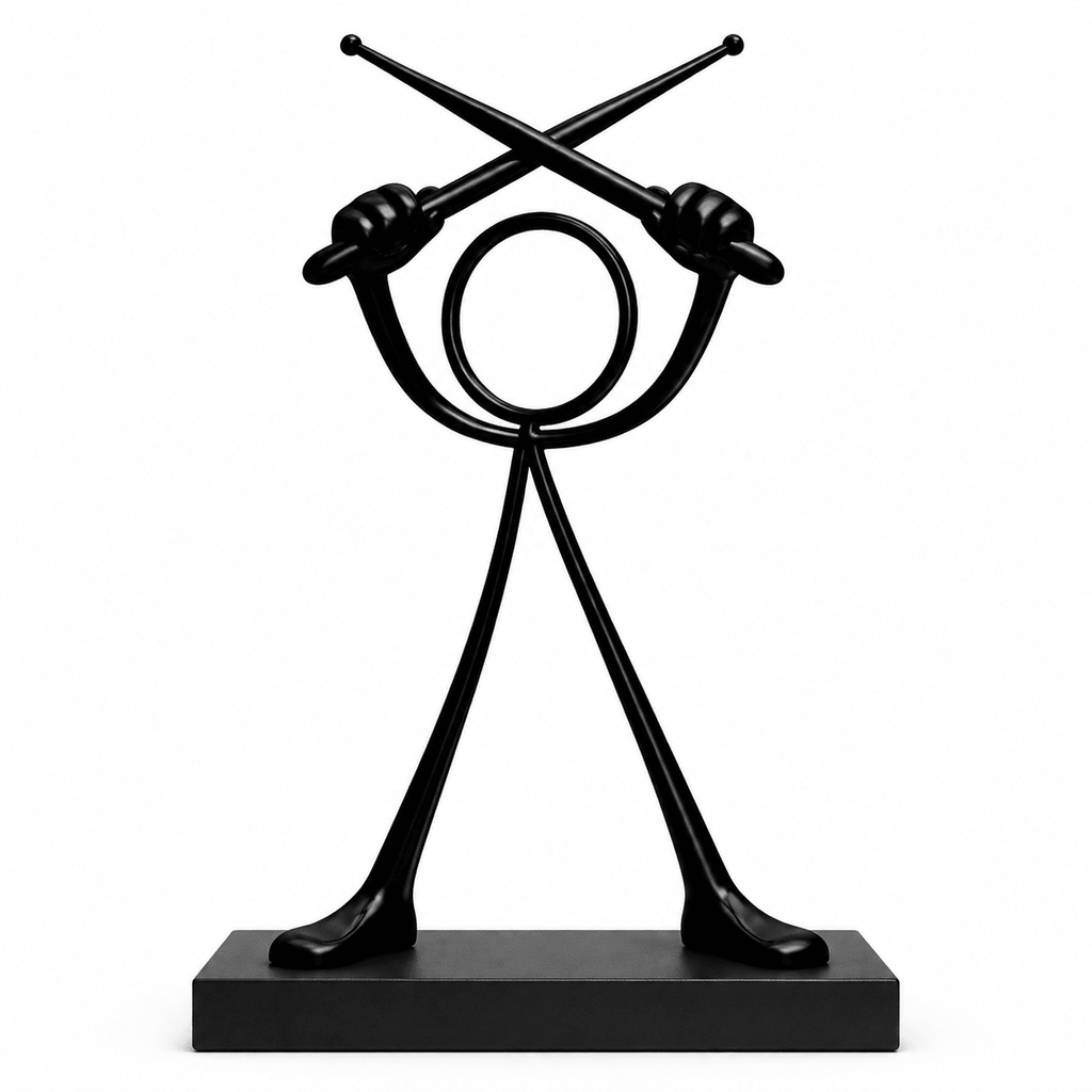 Stickyman drummer zwart van 20 cm met rechthoekig voetstuk van 2 cm