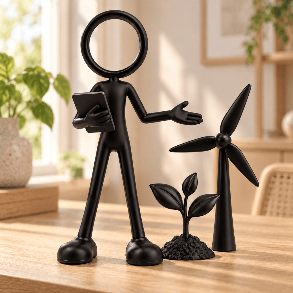 Stickyman duurzaamheidsmanager met windmolen en plant in duurzaam interieur
