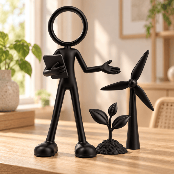 Stickyman duurzaamheidsmanager met windmolen en plant in duurzaam interieur