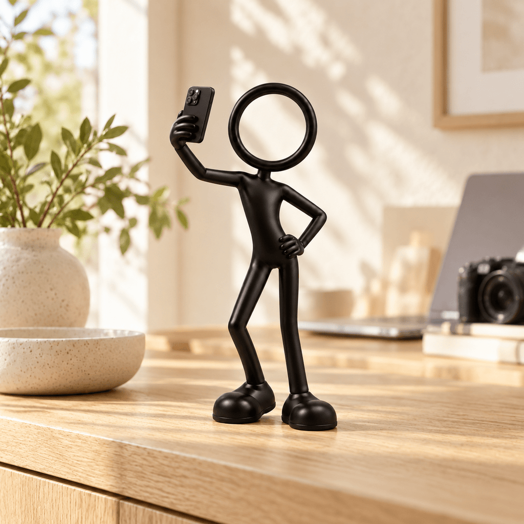 Zwarte Stickyman influencer op een eiken bureau in lichte werkruimte met camera en laptop